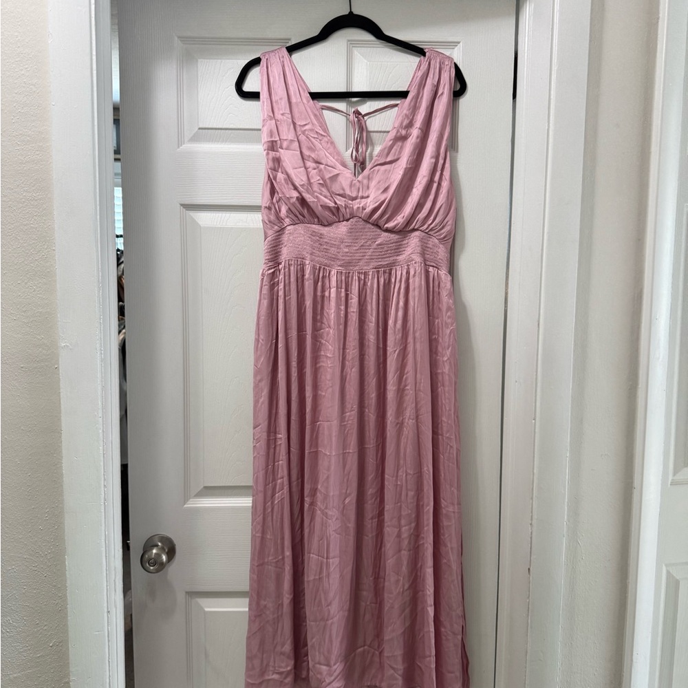 Old Navy Pink Ruched Maxi Gown Plunge Neckline